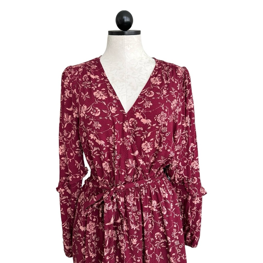 Knox Rose Burgundy Floral Midi Dress Boho Long Sleeve Surplice Neckline Size S - Picture 9 of 15